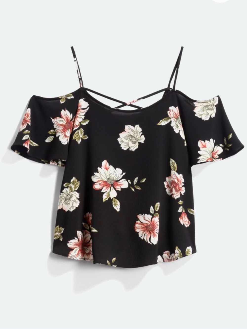 Kaileigh Black Cold-Shoulder Blouse with Pink & Cream Floral